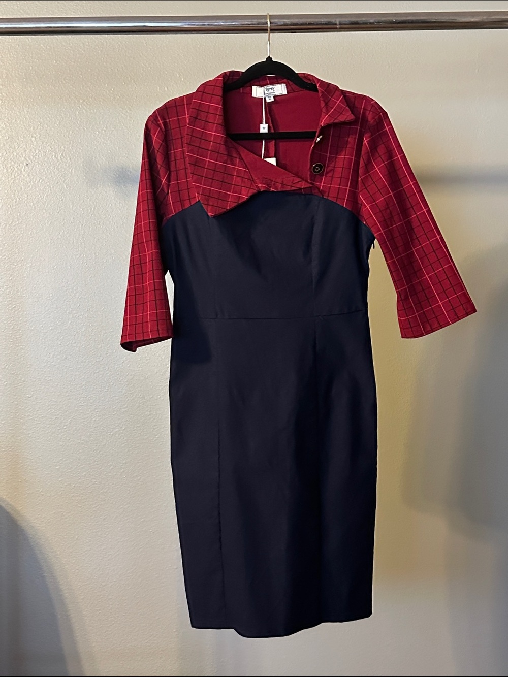 Navy Sheath Dress with Red Plaid Bolero Collar